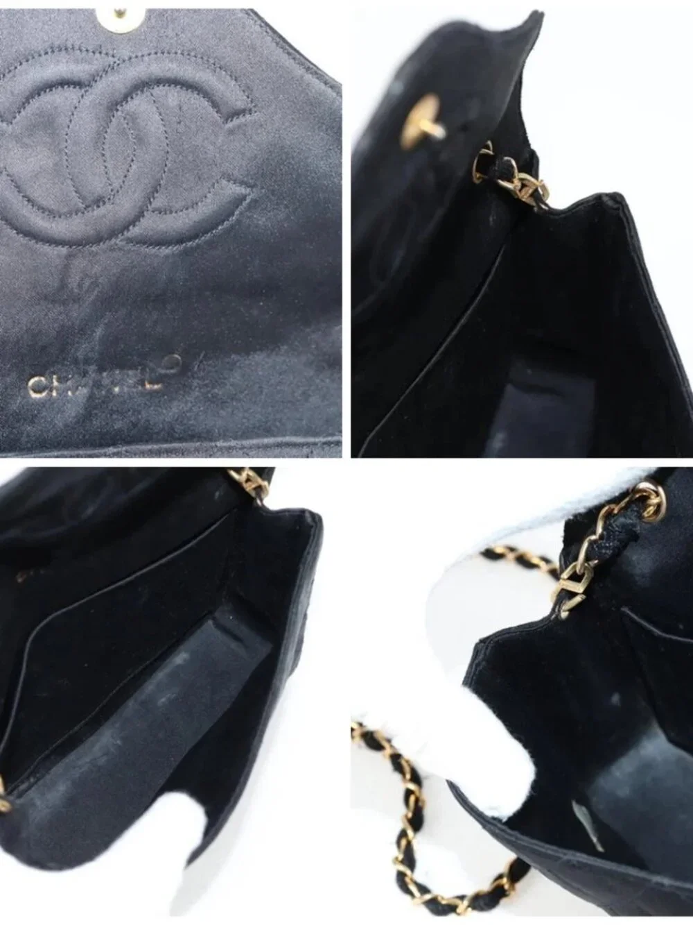 CHANEL Matelasse Chain Shoulder Bag Satin Black Gold CC Auth bs8554